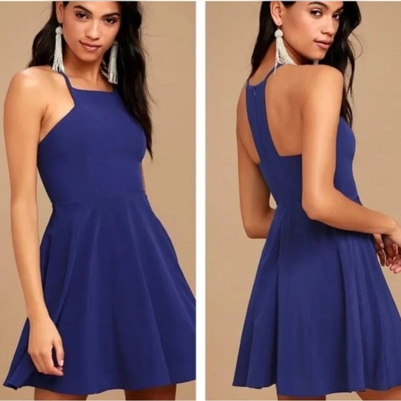 Lulu's Dress Call To Charms Skater Navy Royal Blue Spaghetti Strap HOCO Small S - Picture 1 of 11
